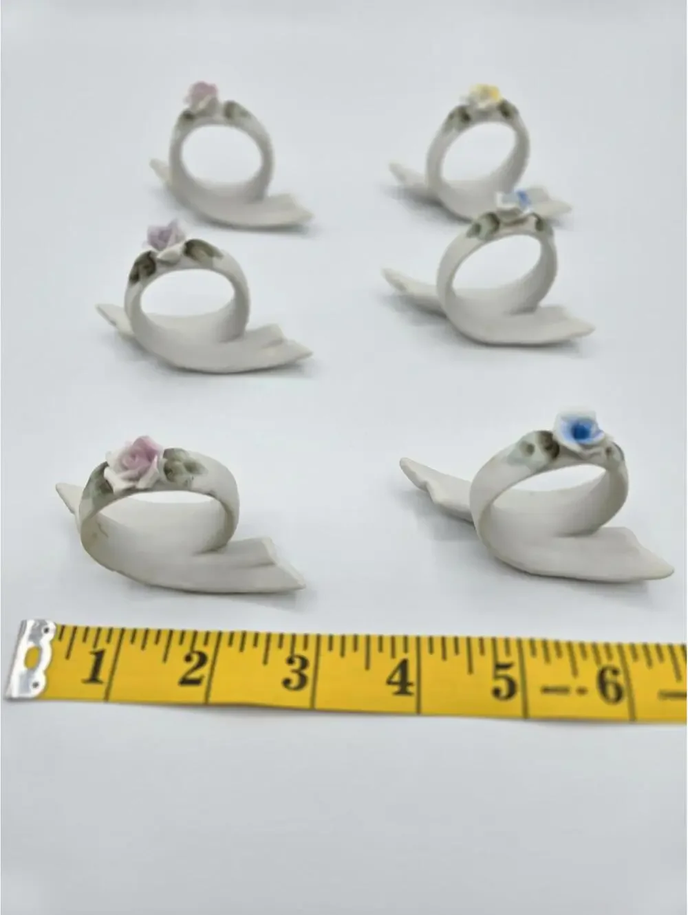 Vintage Set of 6 Rose Pink Yellow Blue Porcelain Napkin Rings Made In Japan